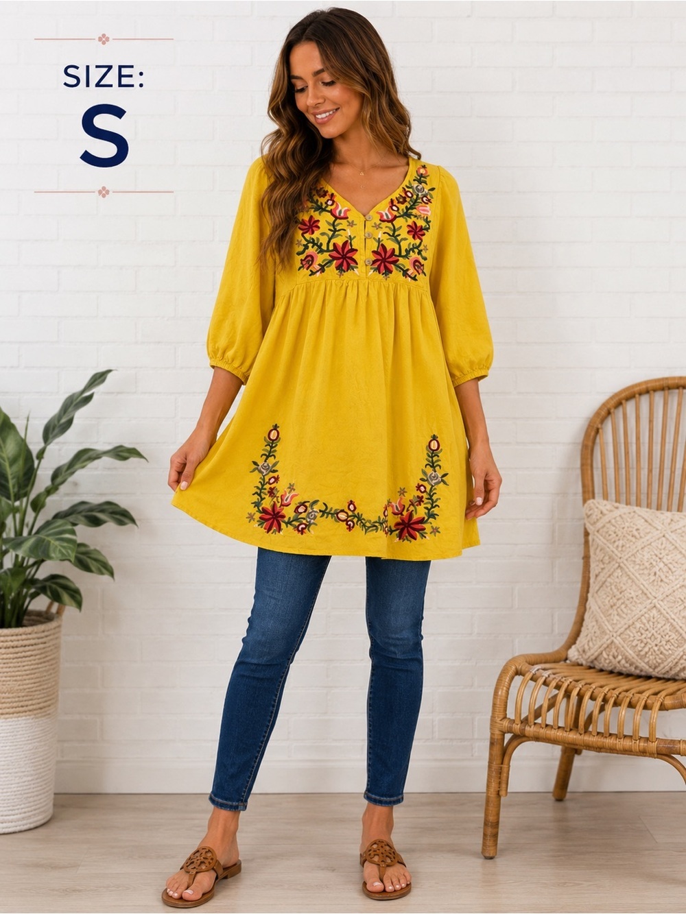 Yellow Embroidered Boho Peasant Tunic Top Floral Babydoll romantic bohemian /S
